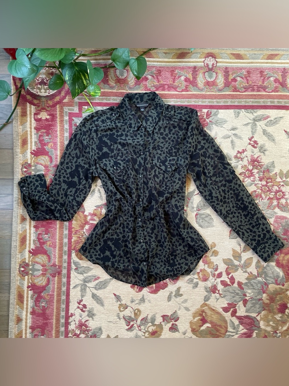Rock & Republic Sheer Green and Black Button-Front Long Sleeve Camo Print Blouse